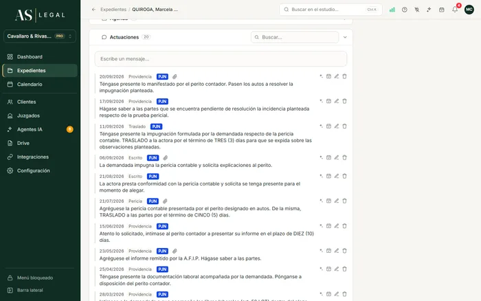 Hoja de ruta de un expediente en AS Legal, con sus actuaciones en orden cronológico.
