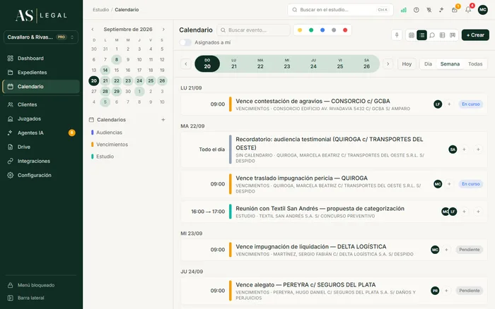 Agenda de AS Legal con las audiencias y los vencimientos de la semana, cada uno vinculado a su expediente.