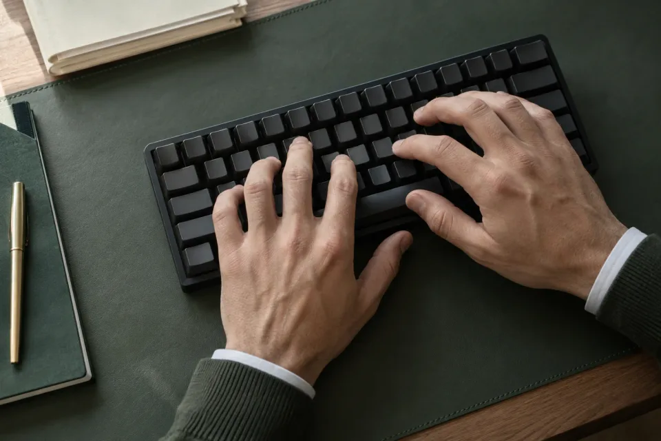 Dos manos escribiendo en un teclado sobre un escritorio.