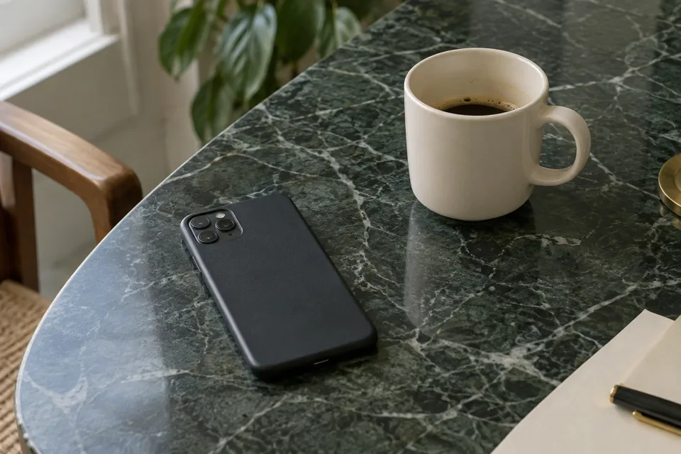 Un teléfono boca abajo sobre una mesa de mármol, al lado de una taza.